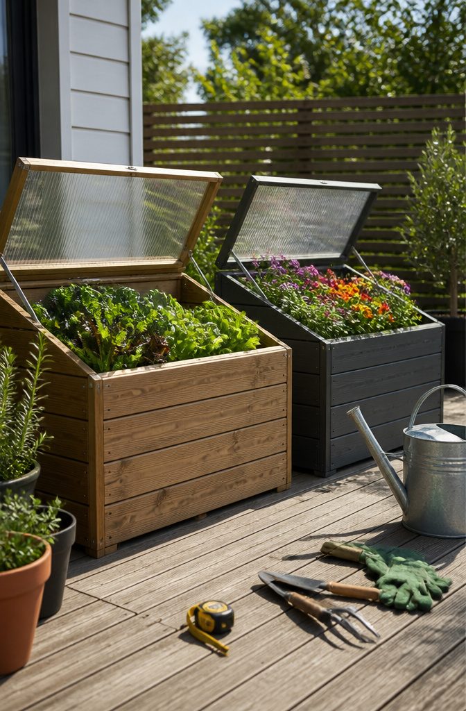 9 Covered Garden Boxes for Protected Growing 1 Backyard patio with a covered garden box made of wood