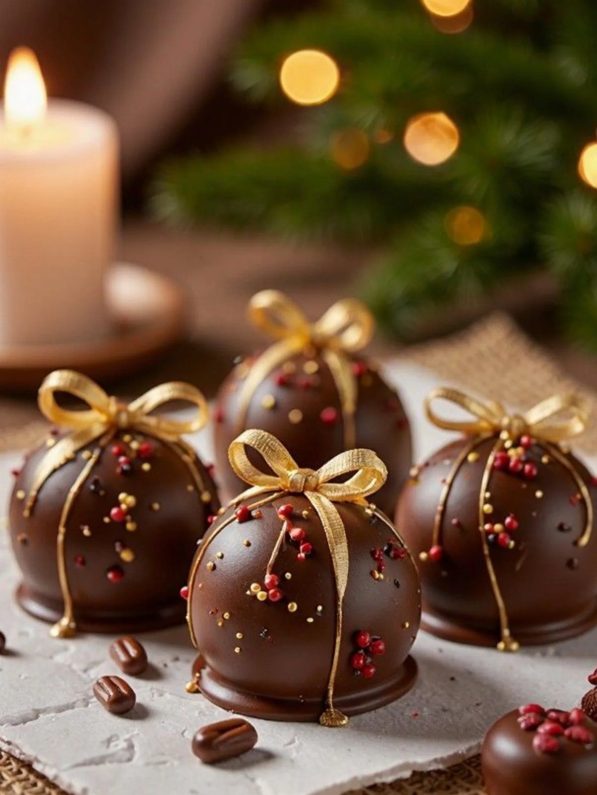 27 DIY Cheap Christmas Gifts for 2026 21 Four chocolate truffles decorated like Christmas ornaments with gold ribbons and sprinkles on a table.