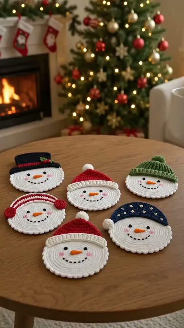 27 DIY Cheap Christmas Gifts for 2026 2 Six crocheted snowman face coasters arranged on a wooden table in front of a Christmas tree.