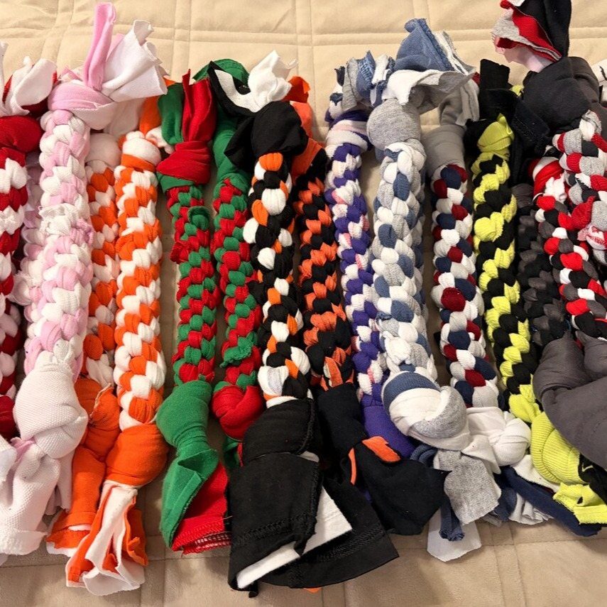 27 DIY Cheap Christmas Gifts for 2026 8 Colorful braided fabric dog toys arranged in rows on a beige fabric background.