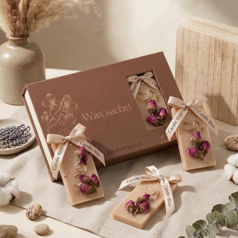 27 DIY Cheap Christmas Gifts for 2026 19 Wax sachets decorated with dried rosebuds and ribbons arranged around a brown gift box.
