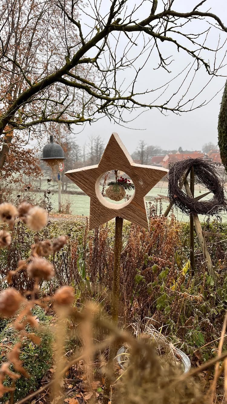 A wooden star-shaped garden ornament with small ornaments inside a circular cutout.