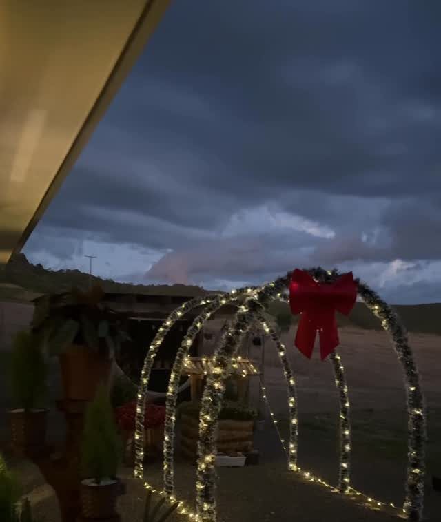 Illuminated light arches with a large red bow under a dark, cloudy evening sky.