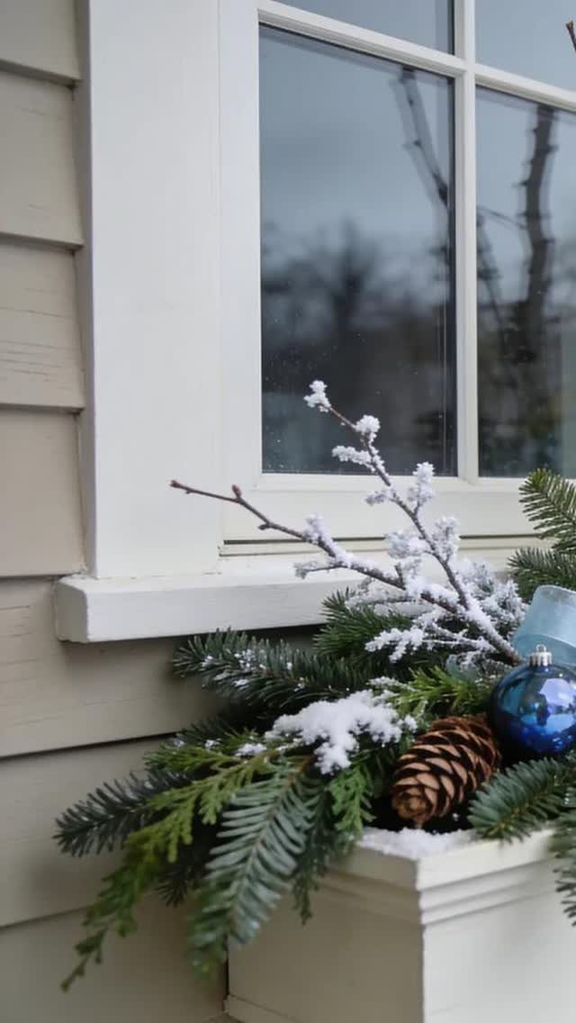 A white window box containing evergreen branches, snow, a pinecone, and a blue ornament.