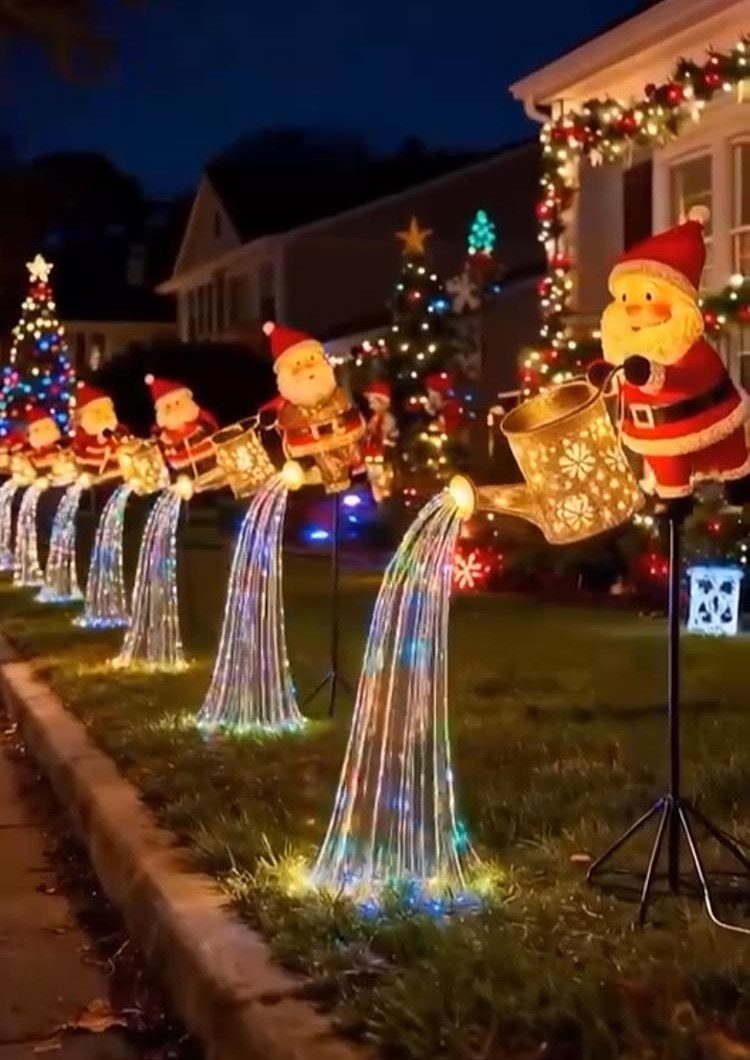 Illuminated Santa Claus figures pouring glowing streams of multicolored lights onto a dark lawn at night.