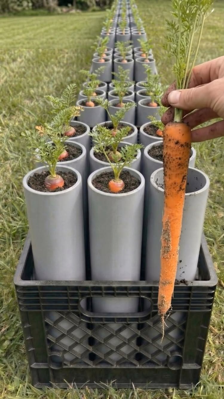 11 Easiest Vegetables to Grow in a Backyard Vegetable Garden 10 A hand holds a large orange carrot in front of rows of carrots growing in grey pipe planters.