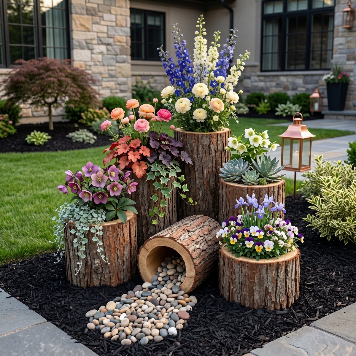 9 Easy DIY Planter Ideas for Wood, Upcycled & Clay Projects 8 Log planters filled with vibrant flowers and succulents arranged on dark mulch in a garden.