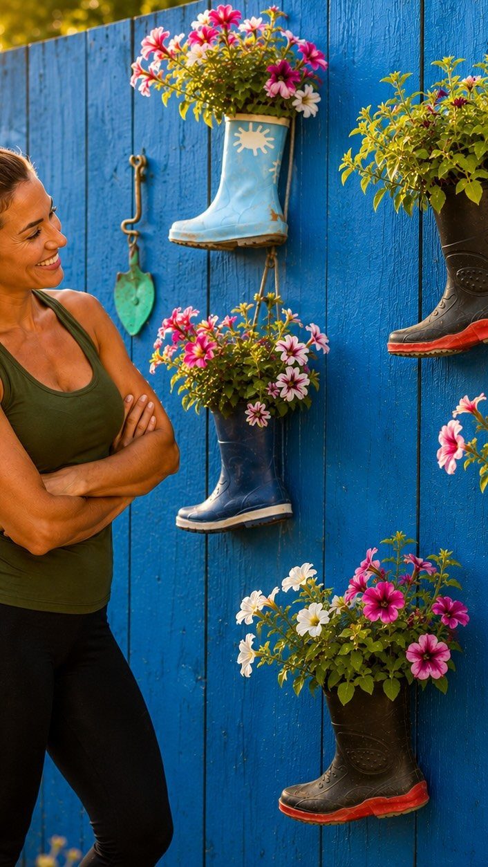 9 Easy DIY Planter Ideas for Wood, Upcycled & Clay Projects 6 Rain boots hanging on a blue wooden fence acting as planters for colorful flowers.