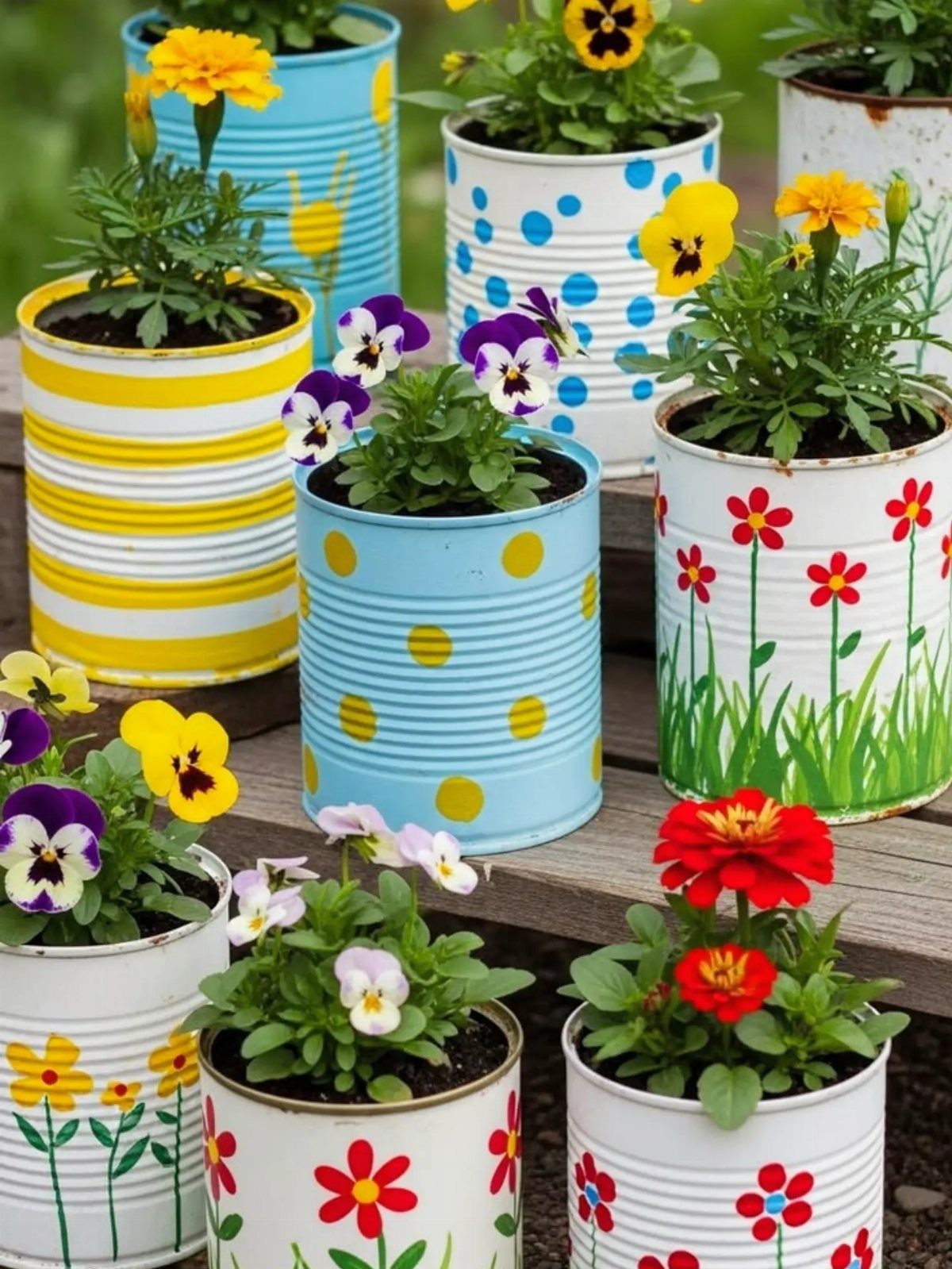 9 Easy DIY Planter Ideas for Wood, Upcycled & Clay Projects 4 Painted tin can planters with colorful patterns and bright flowers arranged on a wooden bench.