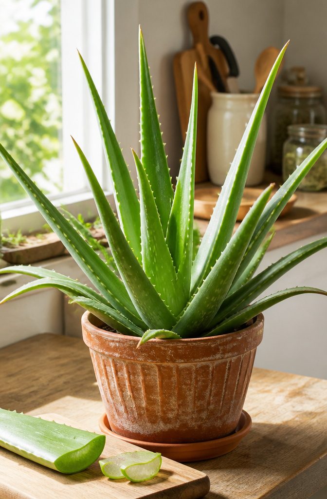 Aloe vera plant with thick, serrated leaves.