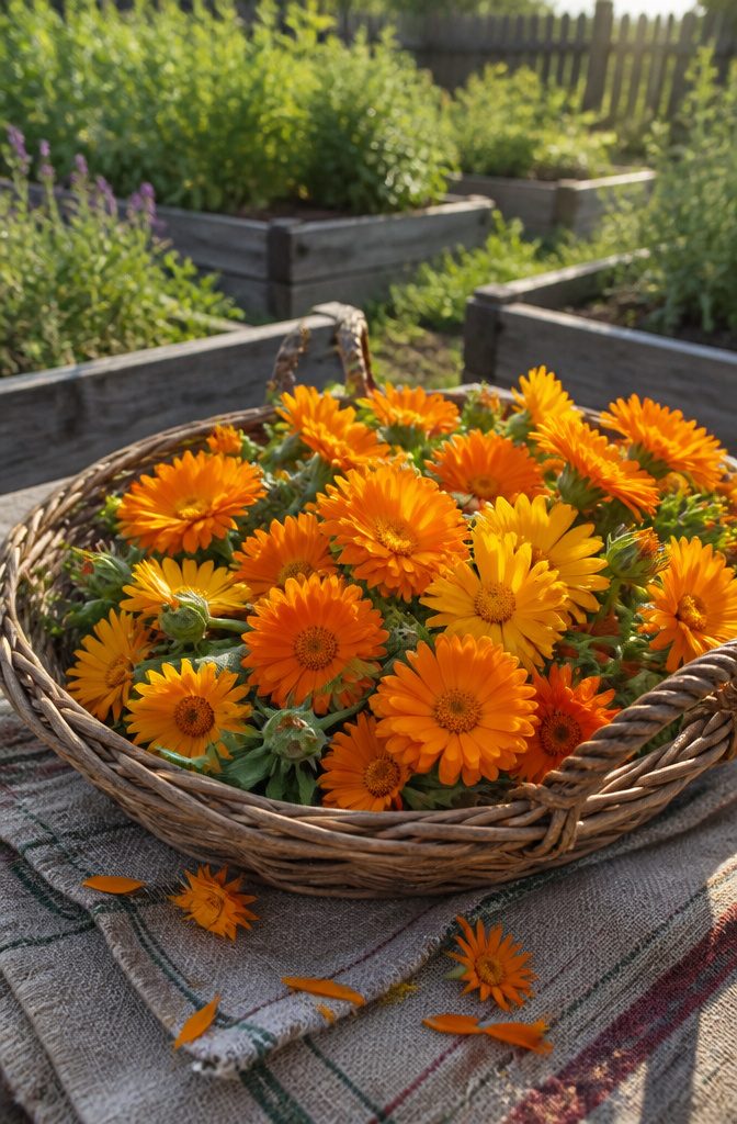 Bright calendula flowers with vibrant orange and yellow petals.
