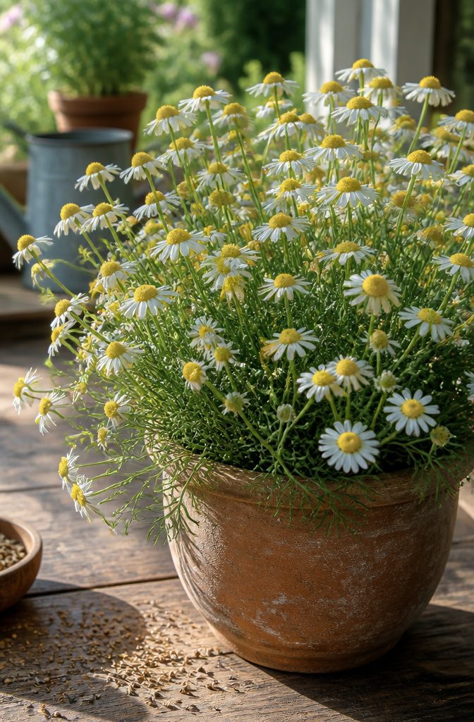 Close-up of chamomile flowers in bloom.