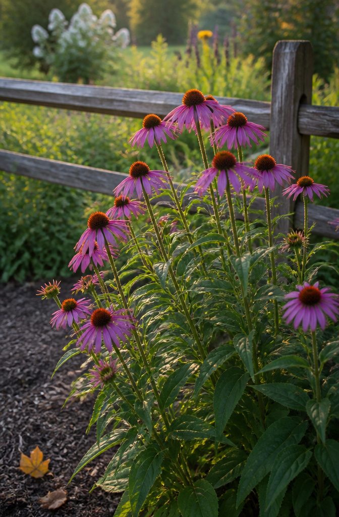 Echinacea flowers with pink petals in a garden.