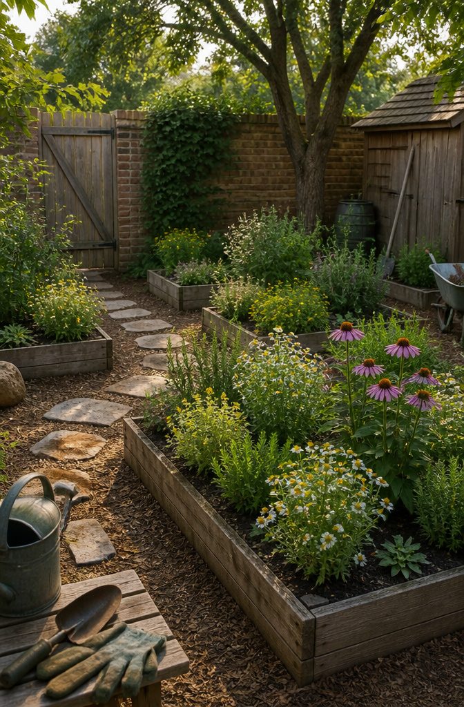 Sunlit garden bed with various medicinal plants.