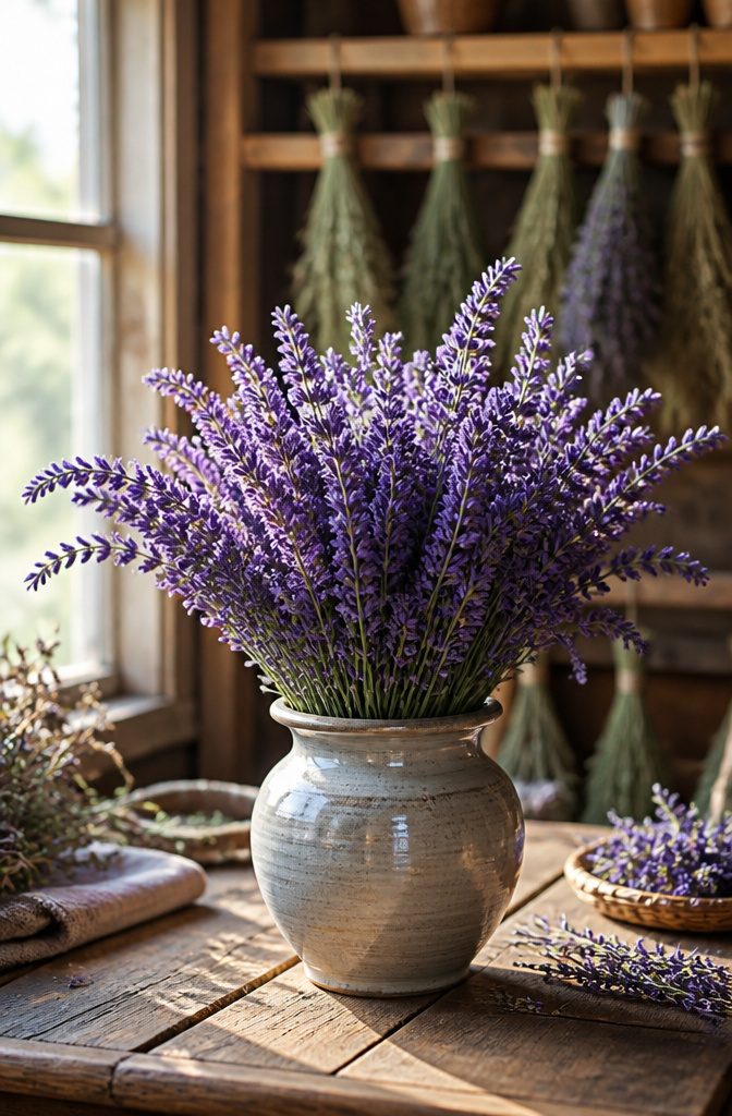 Lavender plants with purple buds in a garden.