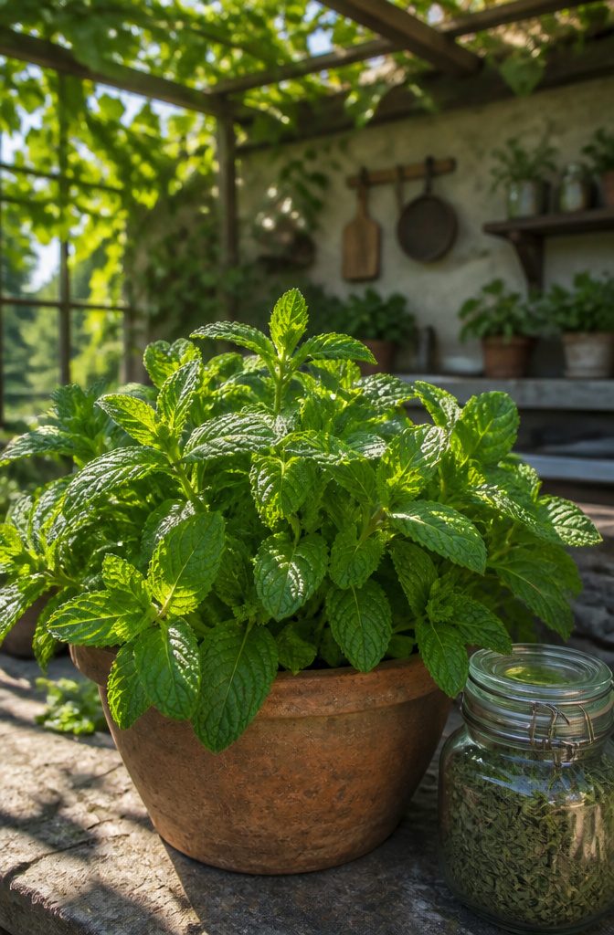 Peppermint plants flourishing in a 12-inch pot.