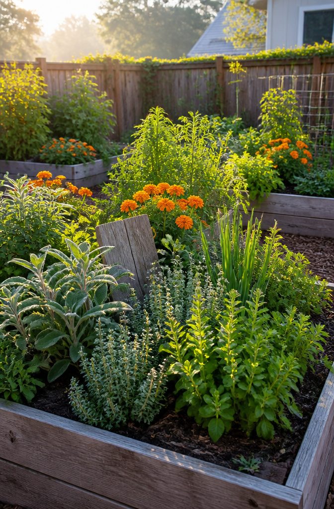 Vibrant organic garden with various crops and marigolds.