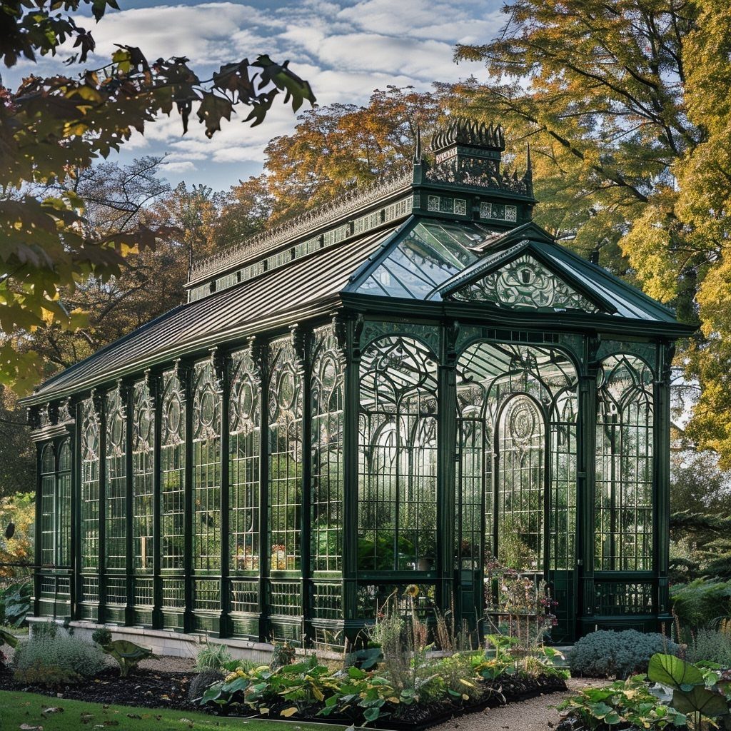 15 Huge Garden Design Ideas for Birds, Light, Night Paths and Still Water 7 An ornate dark green Victorian glass greenhouse surrounded by autumn trees and garden plants.