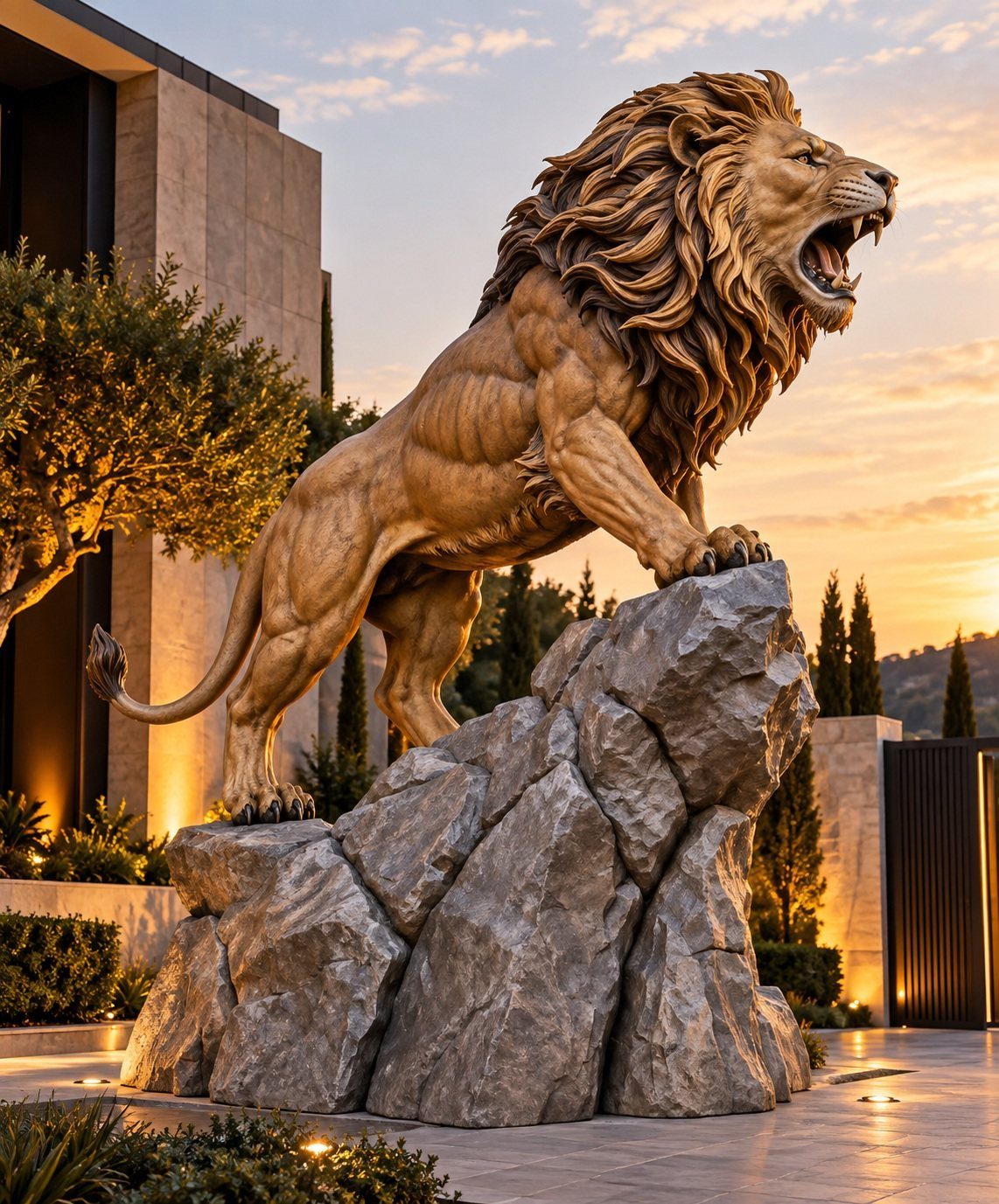 15 Huge Garden Design Ideas for Birds, Light, Night Paths and Still Water 6 A large bronze lion statue standing on a massive grey rock against a sunset sky.