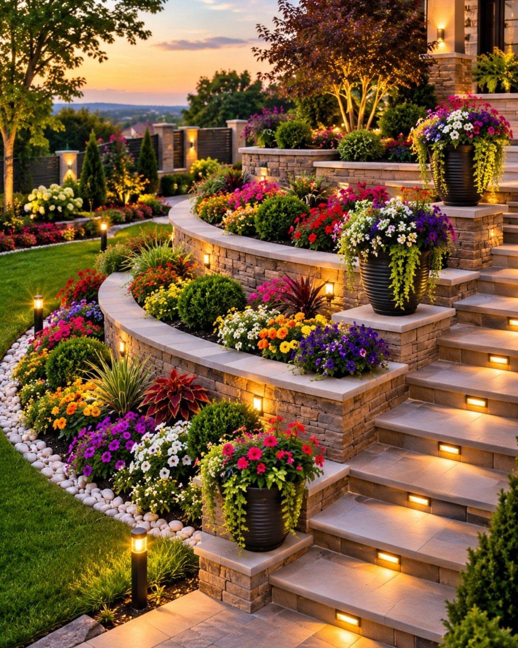 15 Huge Garden Design Ideas for Birds, Light, Night Paths and Still Water 10 Tiered stone garden beds filled with colorful flowers and integrated step lighting at sunset.