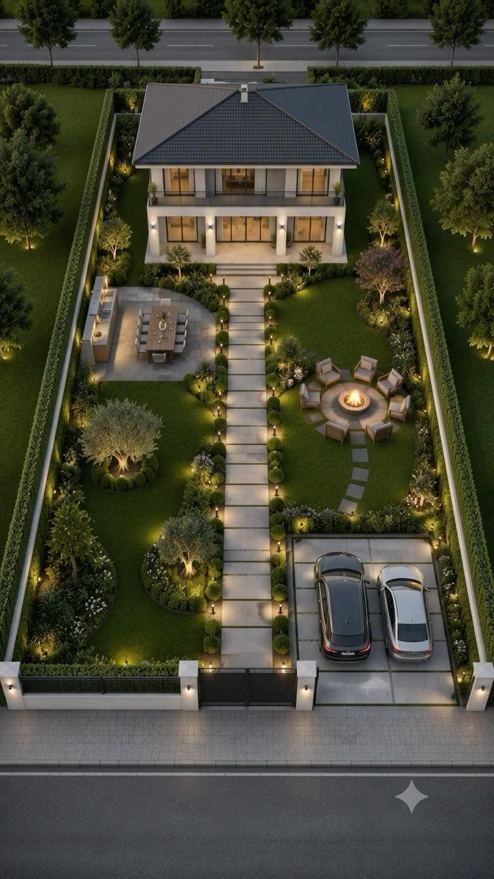 15 Huge Garden Design Ideas for Birds, Light, Night Paths and Still Water 2 An aerial view of a modern house featuring a long, illuminated stone path through a landscaped garden.
