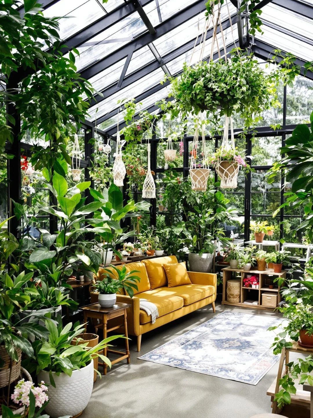 11 Indoor Green House Room Ideas for Every Budget 5 Lush green plants and hanging baskets surround a yellow sofa in a glass greenhouse room.