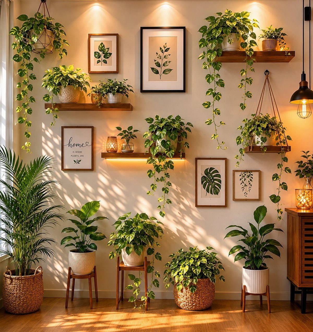 11 Indoor Green House Room Ideas for Every Budget 2 Green plants in pots on wooden wall shelves and floor in a bright room.