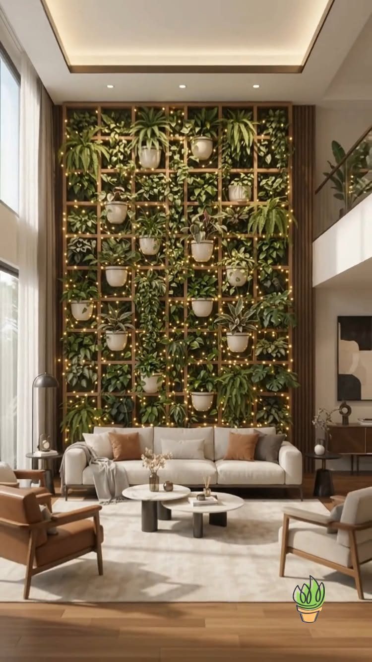 11 Indoor Green House Room Ideas for Every Budget 8 A vertical indoor garden wall with green plants and fairy lights behind a modern living room sofa.