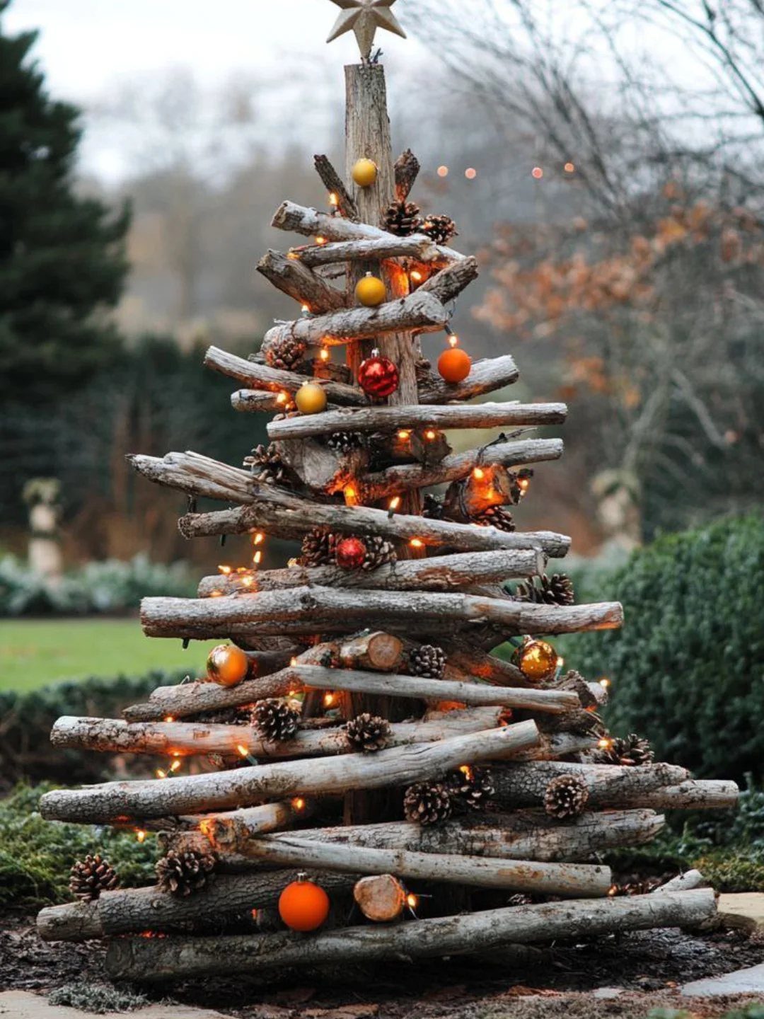 Make Wooden Christmas Trees: 7 DIY Projects from Scrap to Yard 7 A rustic Christmas tree constructed from stacked driftwood branches decorated with lights and ornaments.