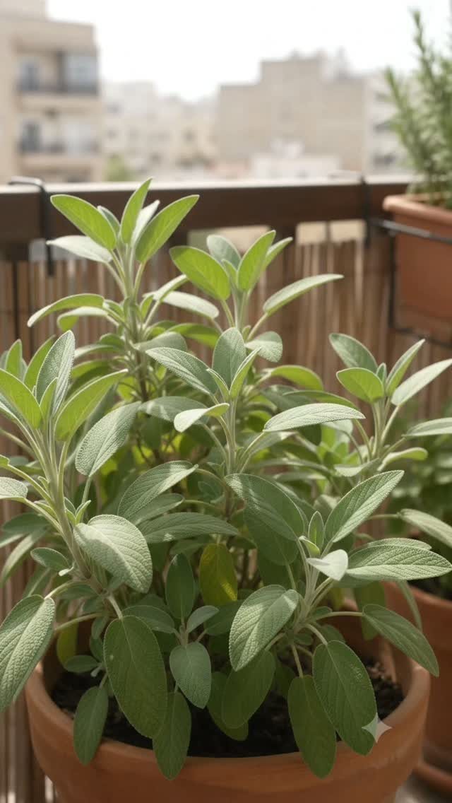 6 Medicinal Herbs to Grow for Self-Sufficient Remedies 4 Sage plant with fuzzy green leaves growing in a terracotta pot on a balcony.