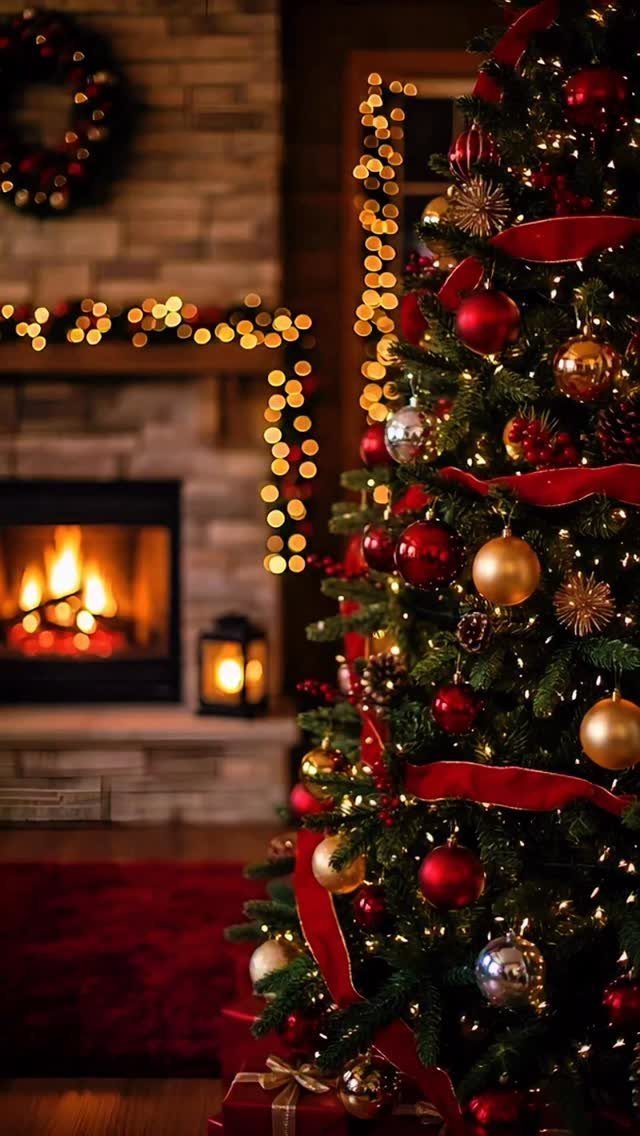 21 Most Beautiful Christmas Trees for Bold and Cozy Looks 20 Decorated Christmas tree with red and gold ornaments and ribbons in front of a fireplace.