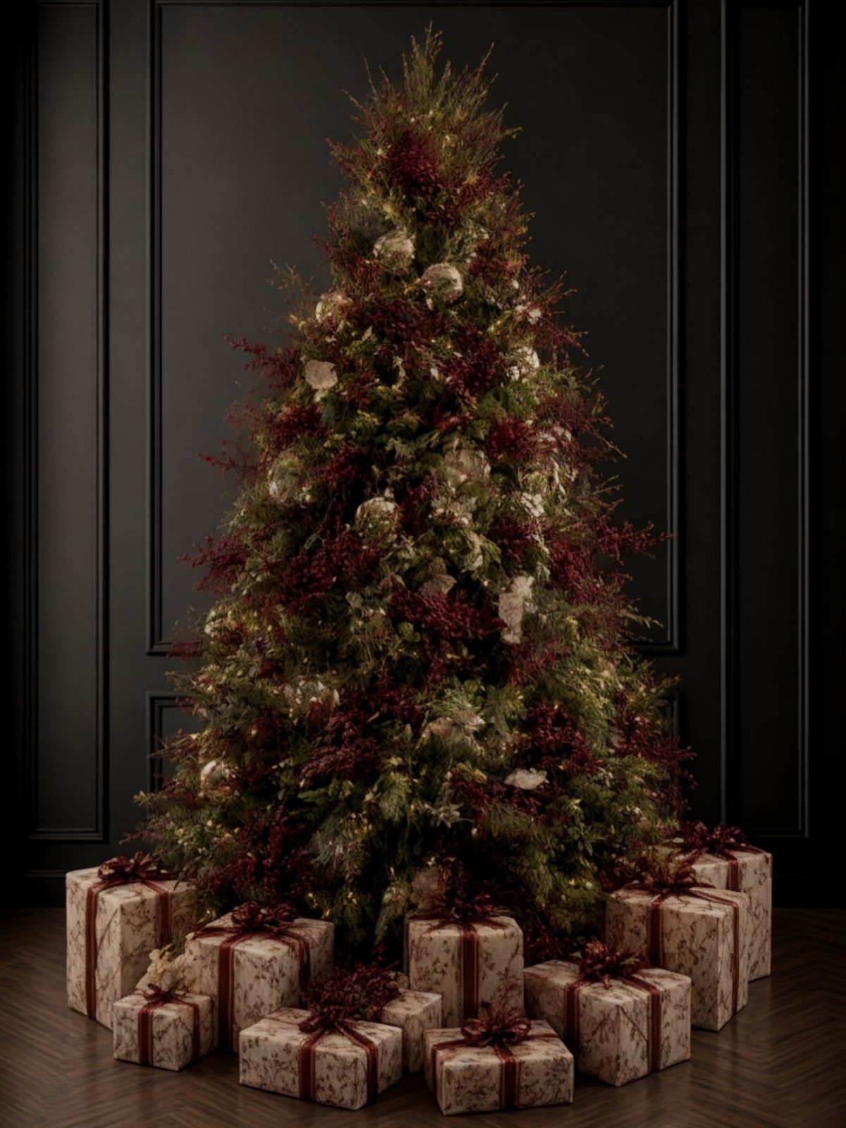 21 Most Beautiful Christmas Trees for Bold and Cozy Looks 18 A decorated Christmas tree with red foliage and warm lights surrounded by wrapped gifts.
