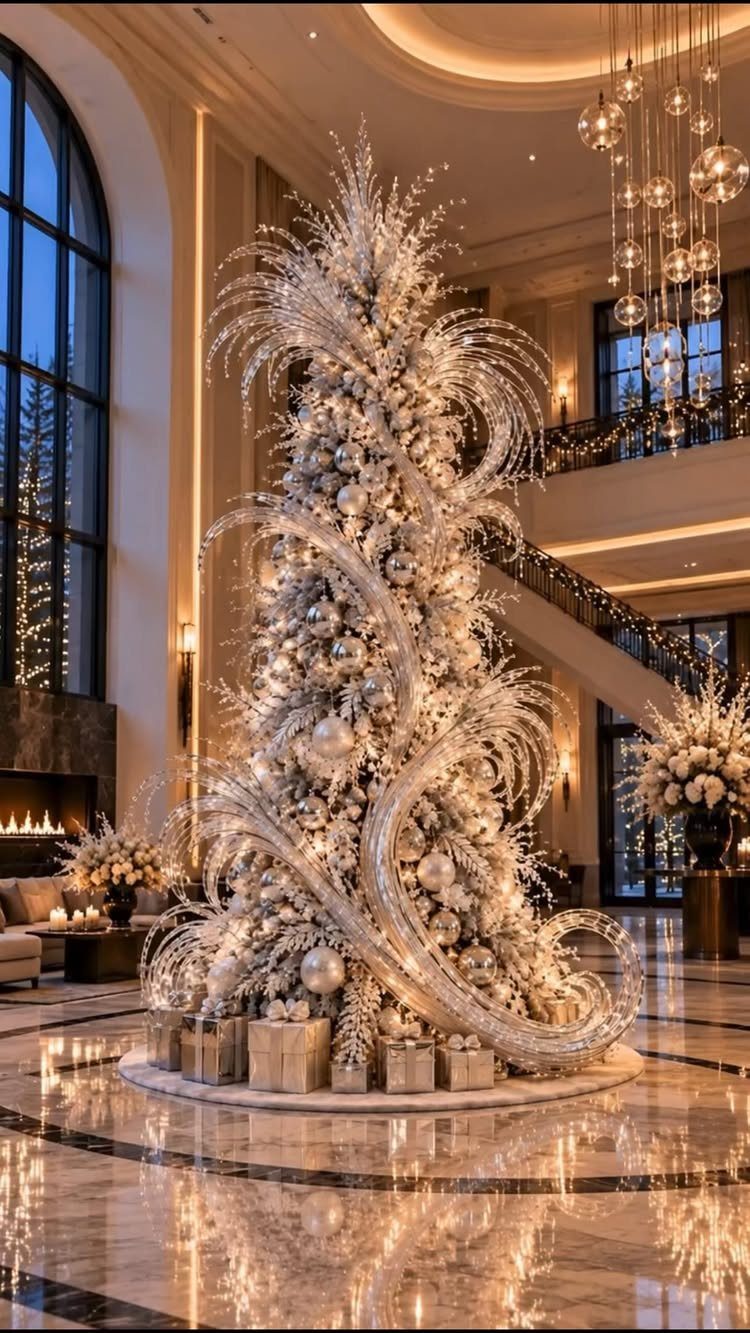 21 Most Beautiful Christmas Trees for Bold and Cozy Looks 19 A grand silver Christmas tree with large swirling sculptural elements in a luxury hall.