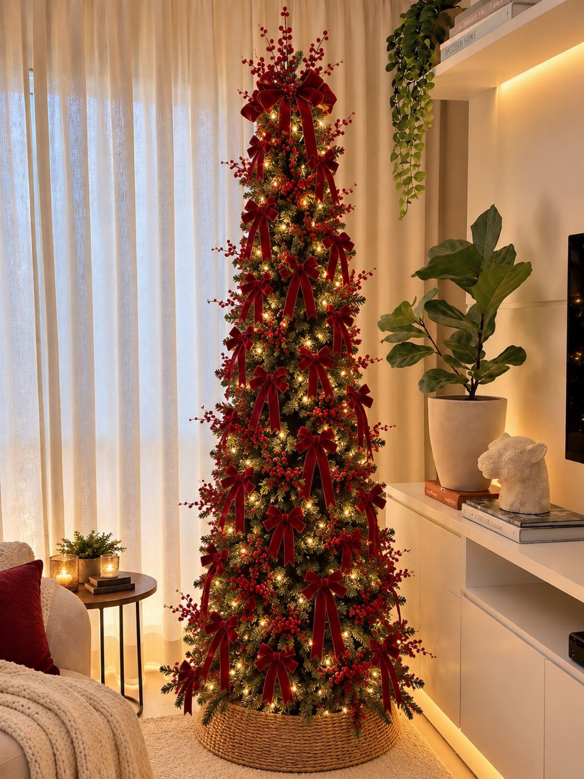 21 Most Beautiful Christmas Trees for Bold and Cozy Looks 14 A tall, skinny Christmas tree decorated with red velvet bows and warm lights.