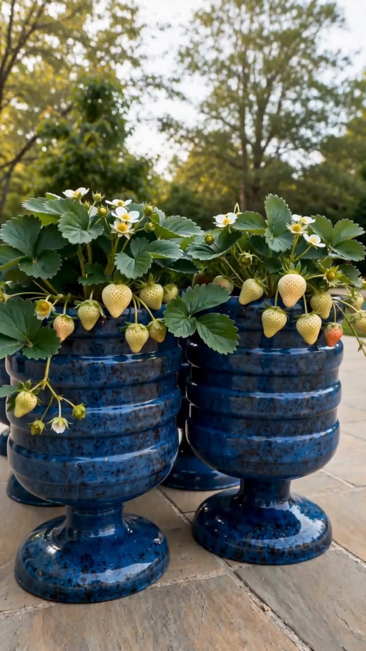 20 Plant Pot Ideas for Outdoor Spaces That Actually Work 12 Two blue speckled ceramic pedestal planters filled with green strawberry plants and ripening fruit.