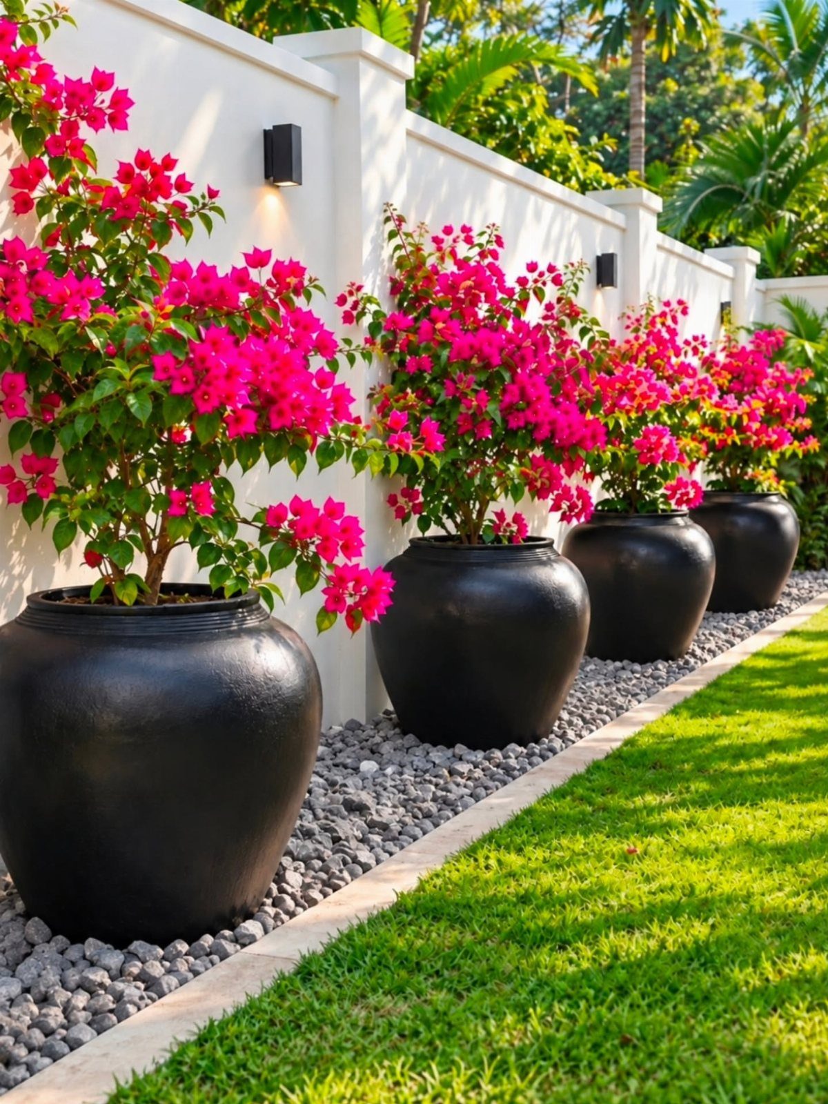 20 Plant Pot Ideas for Outdoor Spaces That Actually Work 4 Four large black planters with bright pink bougainvillea flowers lined against a white wall.