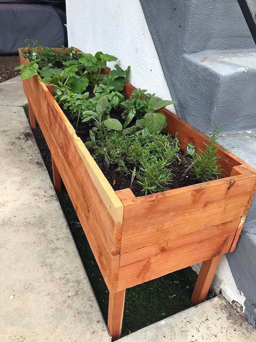 20 Plant Pot Ideas for Outdoor Spaces That Actually Work 8 A long wooden raised planter box filled with various green herbs on artificial grass.
