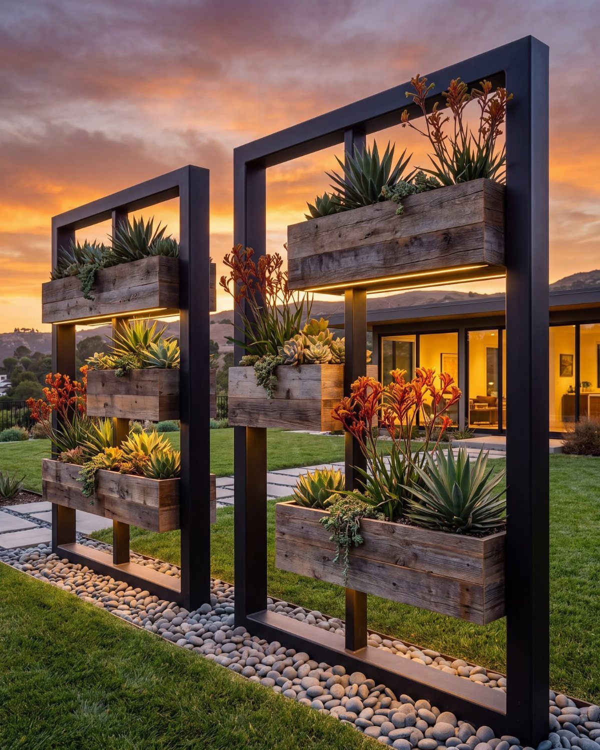 20 Plant Pot Ideas for Outdoor Spaces That Actually Work 19 Large black metal frames holding wooden planter boxes with succulents and orange flowers at sunset.