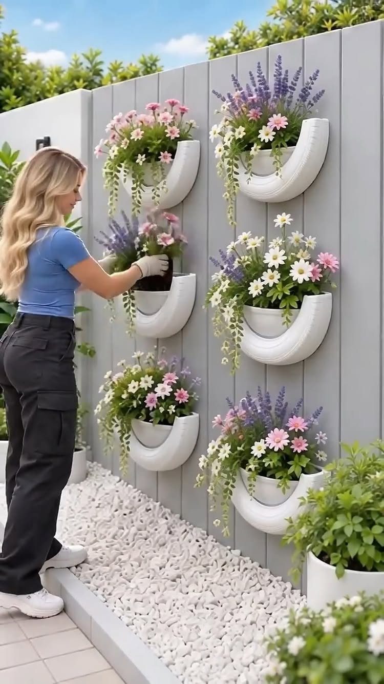 20 Plant Pot Ideas for Outdoor Spaces That Actually Work 7 A woman tending to white semi-circular planters filled with colorful flowers mounted on a grey fence.