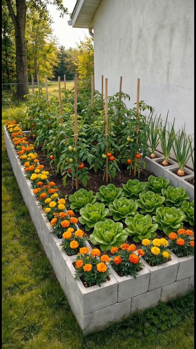 Raised Garden Beds for Small Spaces: 10 Ideas That Fit 9 A concrete block raised garden bed filled with lettuce, tomatoes, onions, and orange marigolds.