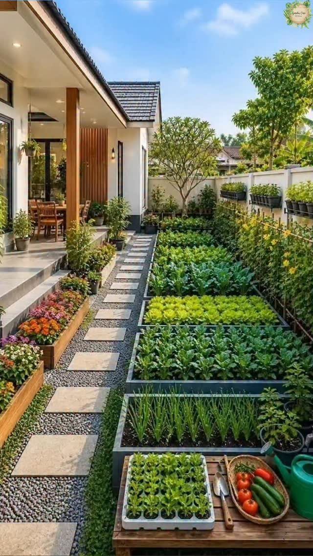 Raised Garden Beds for Small Spaces: 10 Ideas That Fit 8 Long grey raised garden beds filled with green vegetables line a stone path beside a modern house.