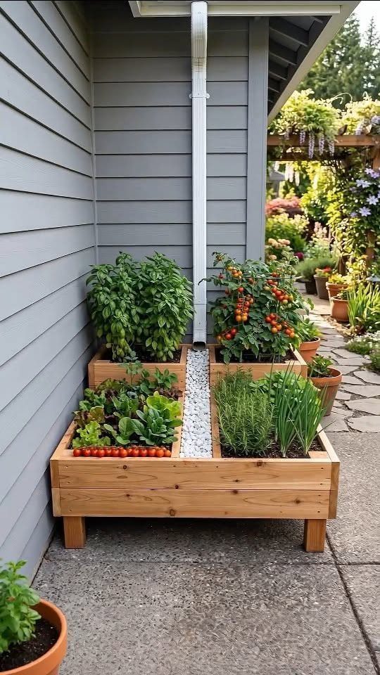 Raised Garden Beds for Small Spaces: 10 Ideas That Fit 10 Wooden raised garden beds filled with lush green herbs and small red tomatoes on a patio.