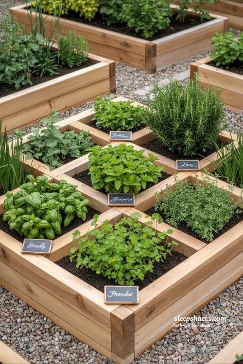 Raised Garden Beds for Small Spaces: 10 Ideas That Fit 6 A wooden square raised garden bed divided into compartments containing various green herbs with small labels.