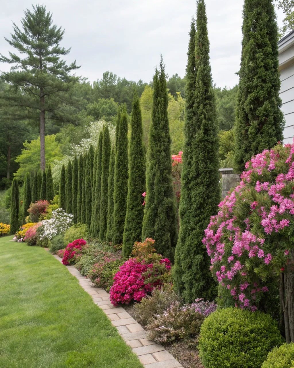 Shrub and Trees Landscaping: 6 Practical Layout Ideas 2 Tall slender evergreen trees and colorful flowering shrubs lining a manicured garden border next to a lawn.