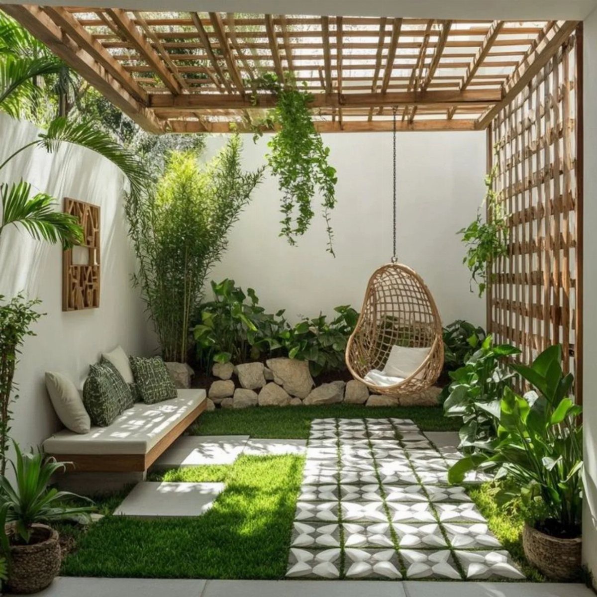 12 Small Backyard Design Ideas for Outdoor Living 8 A lush courtyard oasis with a hanging egg chair, wooden pergola, and tropical greenery.