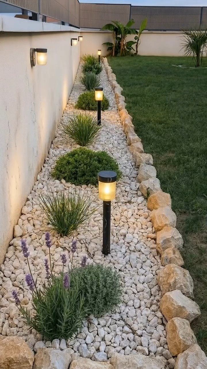 12 Small Backyard Design Ideas for Outdoor Living 7 Small green shrubs and lavender plants growing in white gravel along a garden wall.
