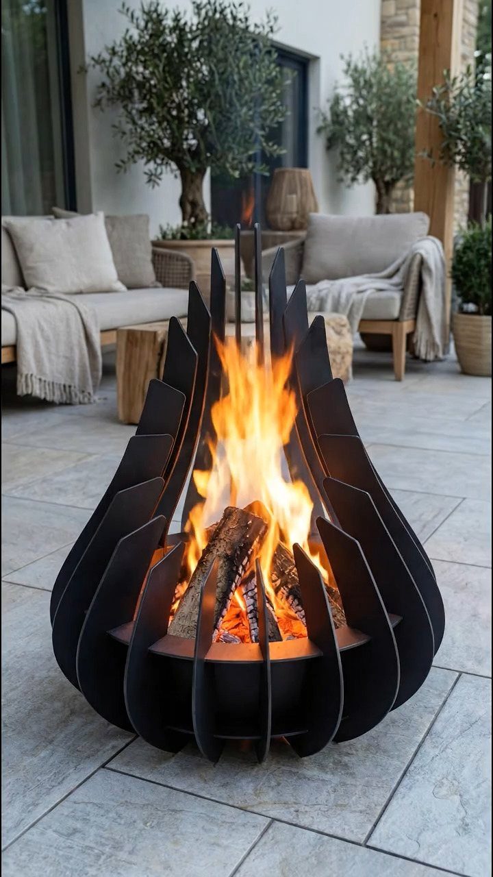 12 Small Backyard Design Ideas for Outdoor Living 9 A black metal sculptural fire pit with bright orange flames burning logs on a stone patio.