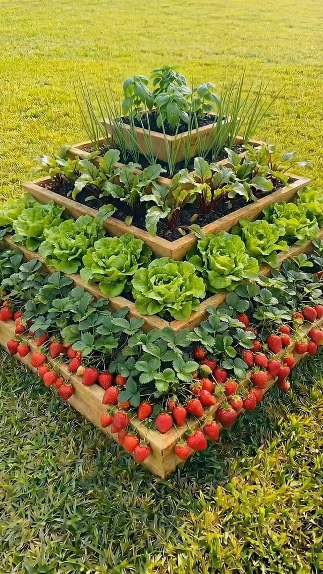 12 Small Backyard Design Ideas for Outdoor Living 11 Tiered wooden raised garden beds filled with strawberries, lettuce, and green herbs on grass.