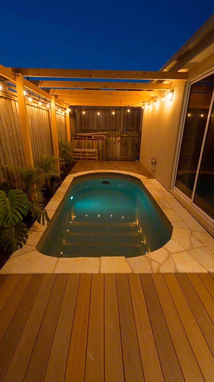 12 Small Backyard Design Ideas for Outdoor Living 12 A small glowing blue plunge pool surrounded by stone tiling, wooden decking, and tropical plants.