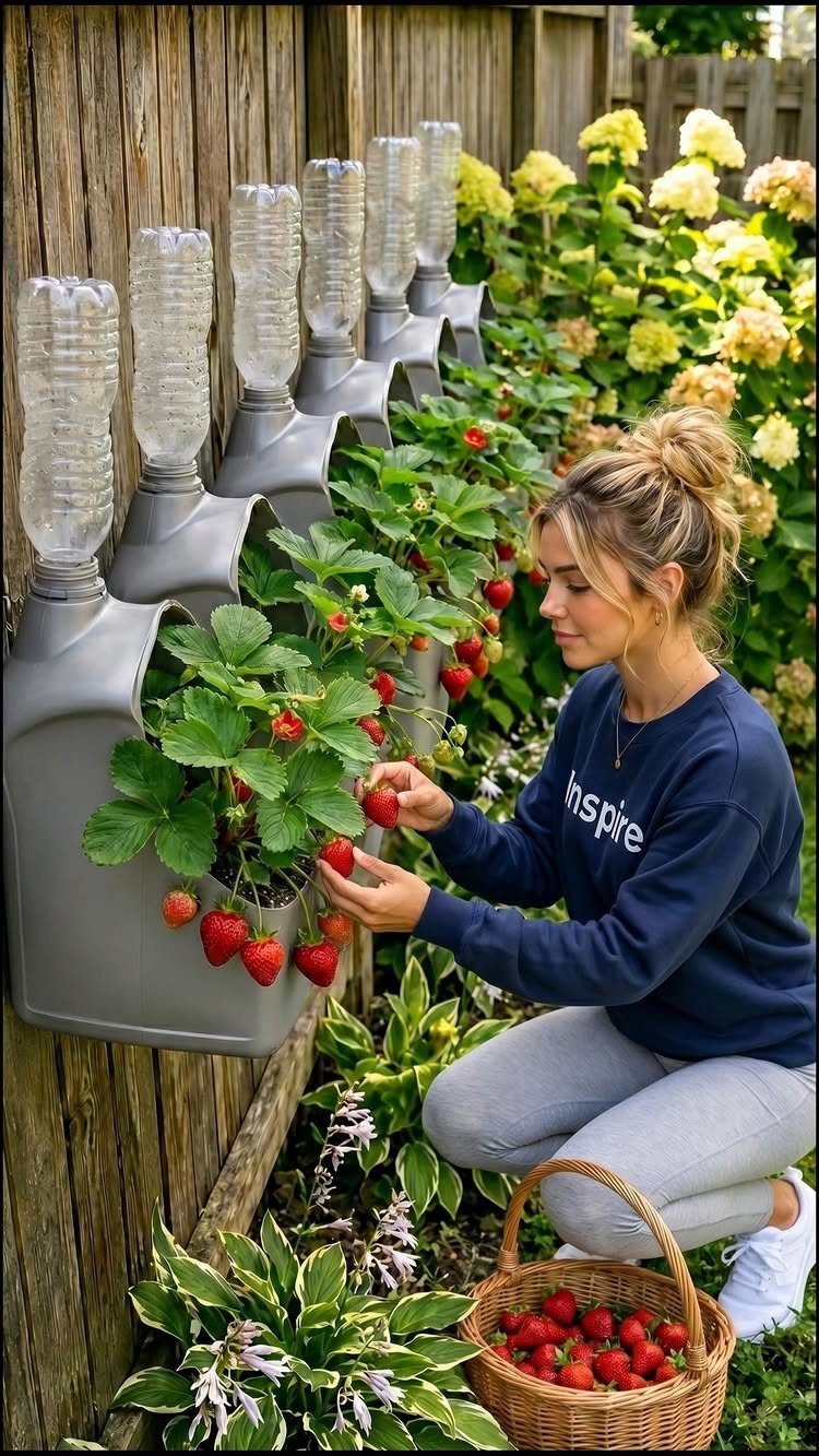 12 Small Backyard Design Ideas for Outdoor Living 1 A woman picking ripe strawberries from vertical planters mounted on a wooden garden fence.